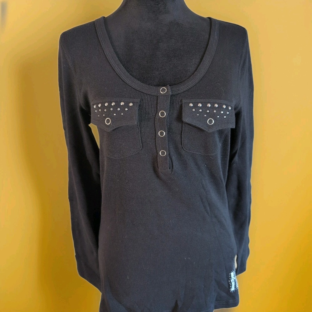 Harley Davidson Thermal Shirt Black  Rhinestone Beaded Eagle Sz M Womens  NWOT - Picture 2 of 8